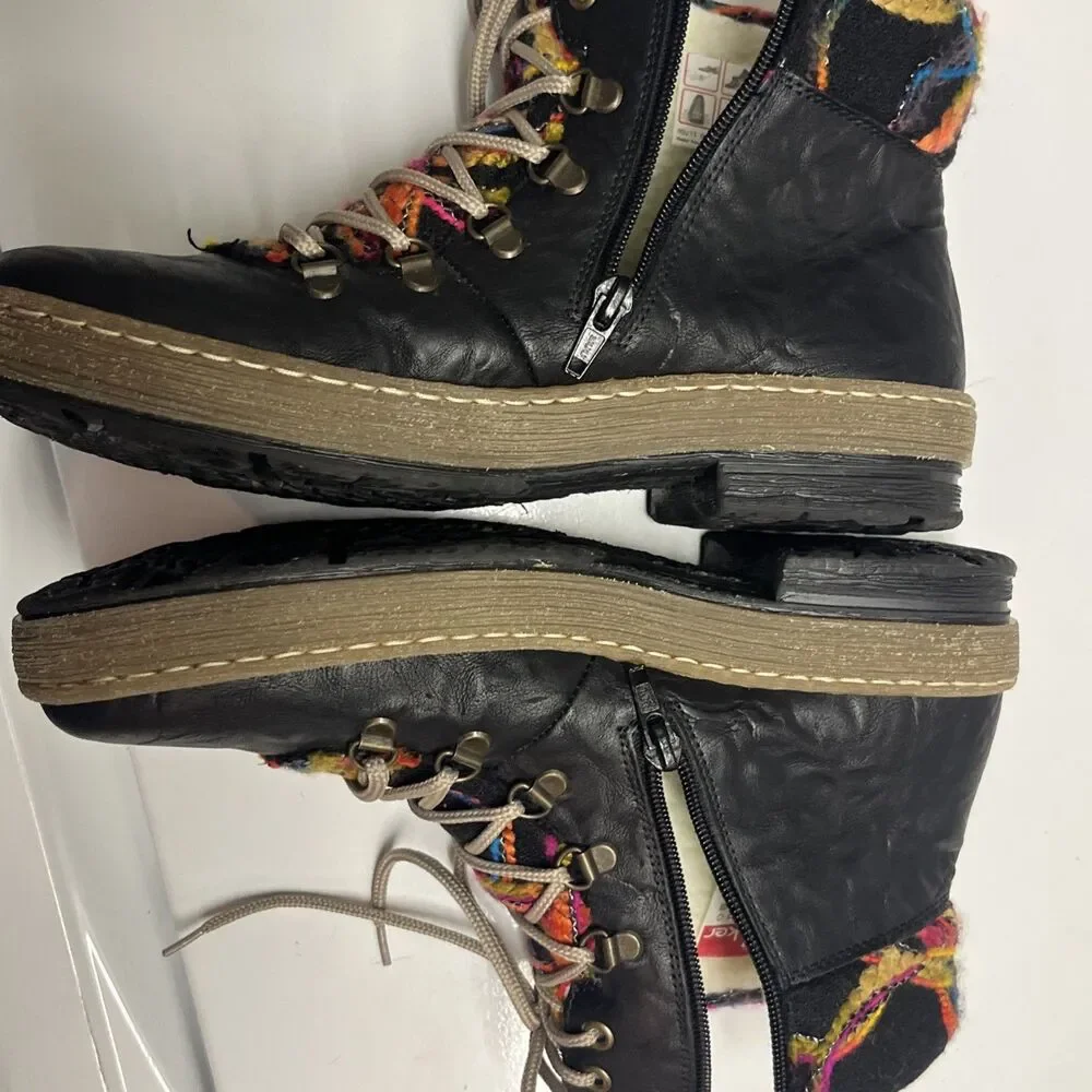 Rieker Felicitas Black Leather Ankle Boots Women 41/9 Sherpa Lined Lace-up